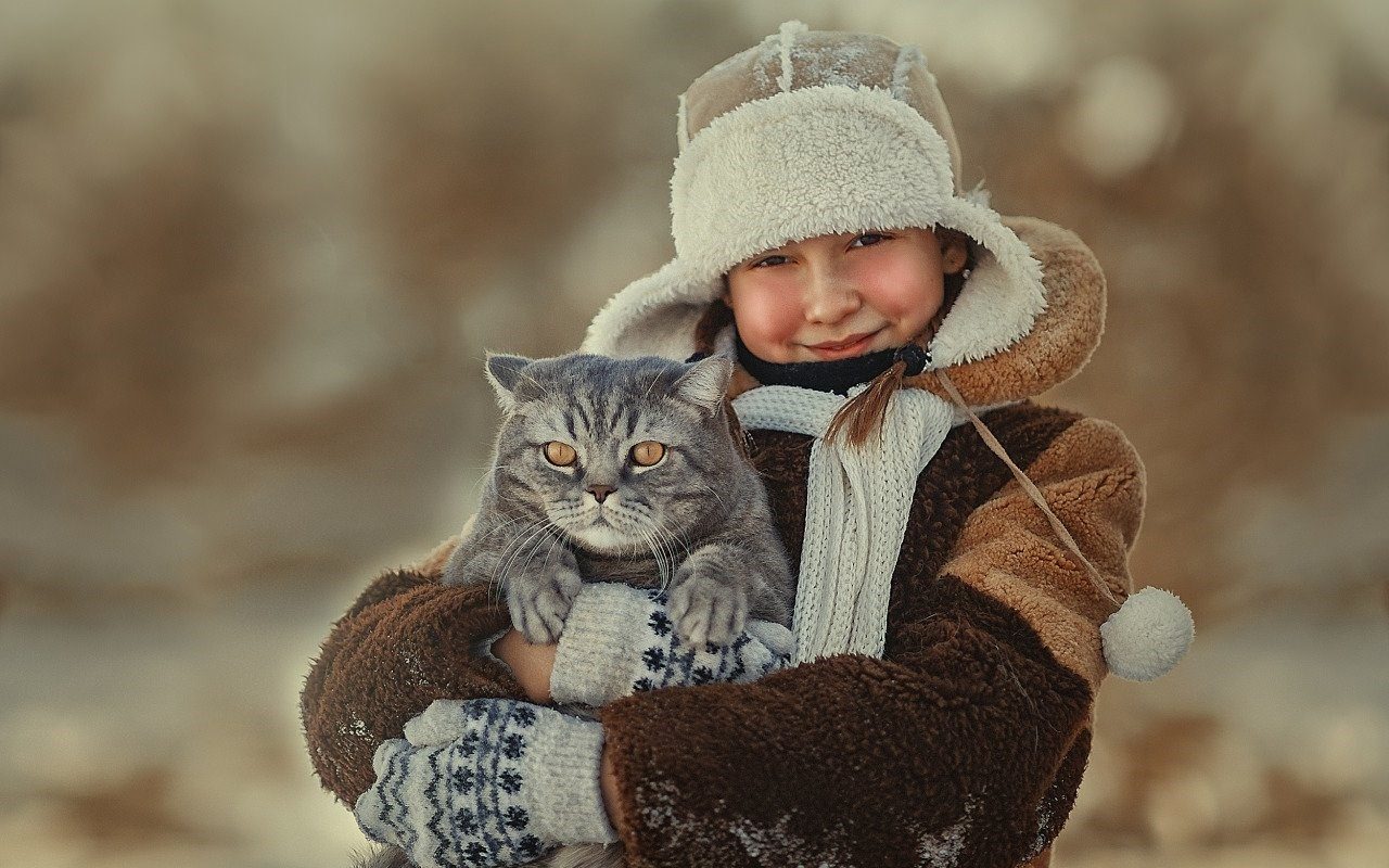 Зима девочка кот
